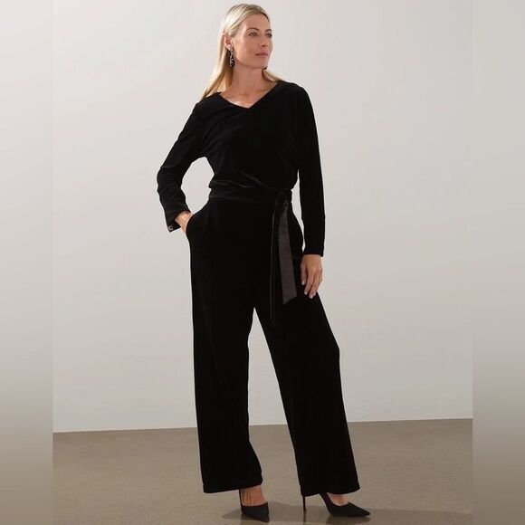 CHICO’S TRAVELERS COLLECTION Black Velvet Jumpsuit Women's Large Belted Wide Leg - Picture 1 of 12